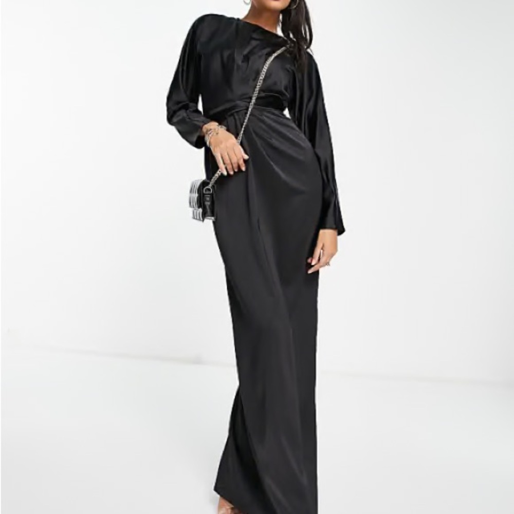 ASOS DESIGN SATIN DRESS WITH BATWING SLEEVE AND WRAP WAIST IN BLACK